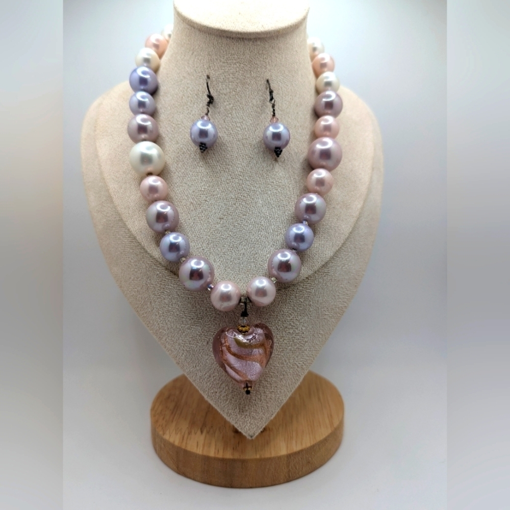 Murano Heart Pendant & Faux Pearl Jewelry Set Necklace & Earrings